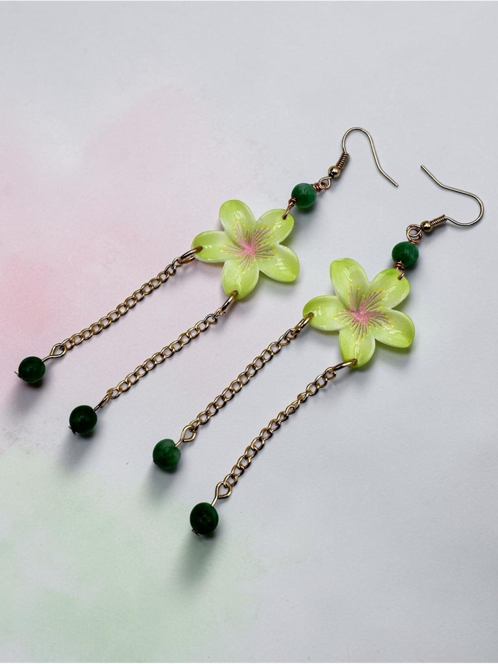 Green Flower Long Dangle Earrings with Beads & Gold Tone Chain Handmade Jewelry